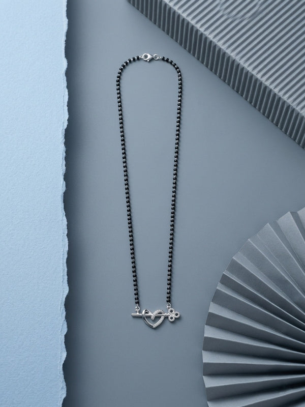 Sterling Silver Modern Mangalsutra: Dainty Heart & Key Pendant with Black Bead Chain - Daily Wear Elegance
