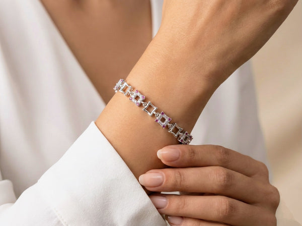 Alternating Square Pave Bracelet – Pink & White by Kalaa Silver