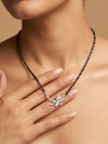 Modern Silver Single Line Black Bead Mangalsutra with CZ Solitaire and Marquise Leaf Pendant Cluster - Elegant Everyday Wear for Women
